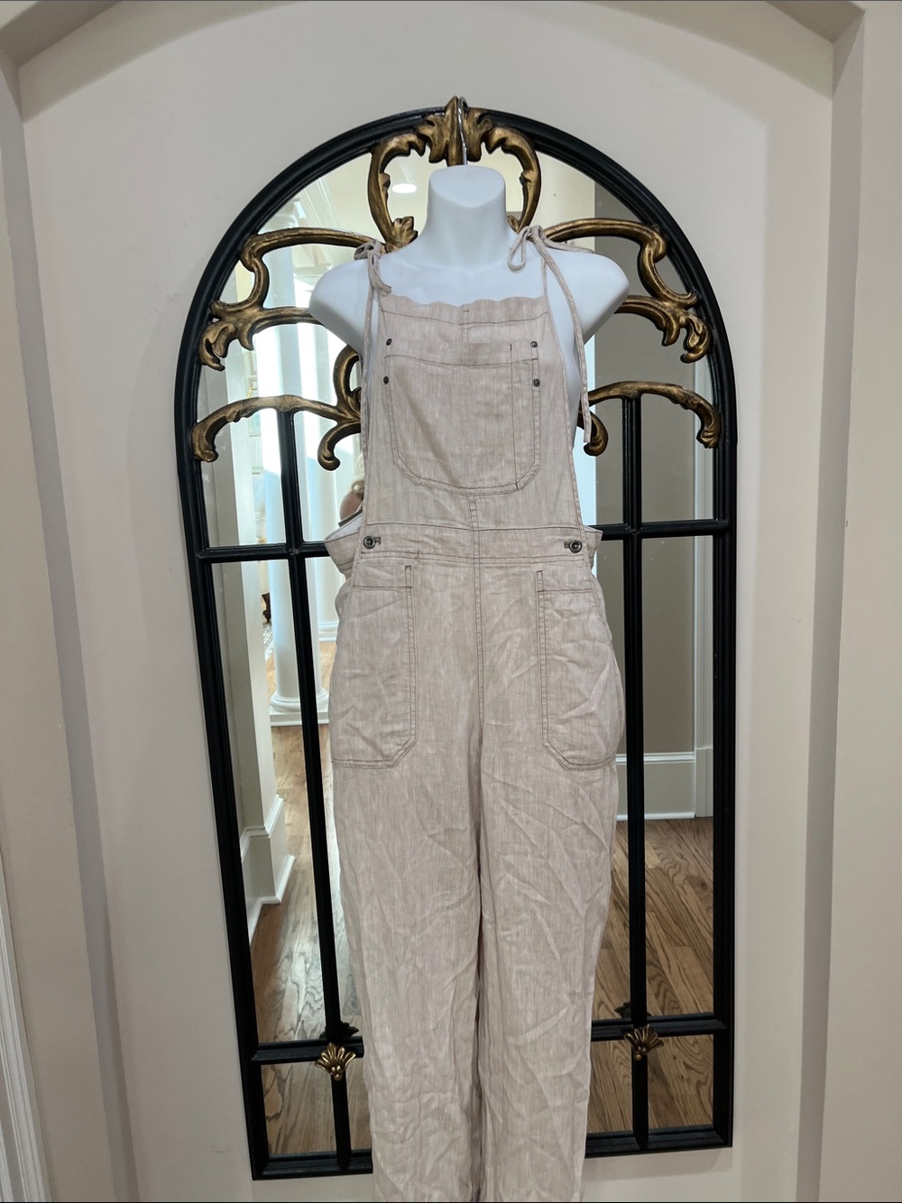 Free People Beige Tie-Shoulder Linen-Blend Overalls